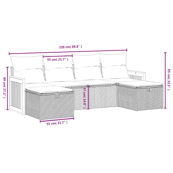 6 pcs conjunto sofás de jardim com almofadões vime cinzento M 3