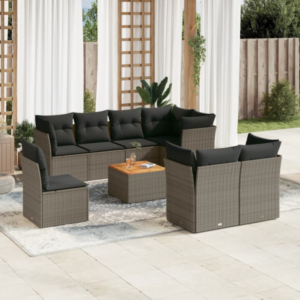 9 pcs conjunto sofás p/ jardim com almofadões vime PE cinzento D