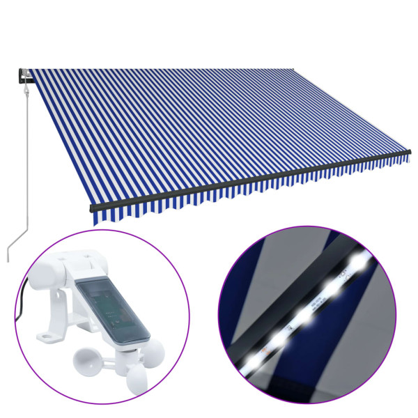 Toldo com LED e sensor de vento azul e branco 500x300 cm M 2