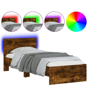 Estructura de cama cabecero luces LED roble ahumado 90x190 cm H