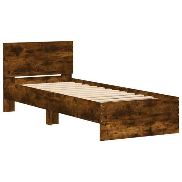 Estructura de cama cabecero luces LED roble ahumado 90x190 cm M 3