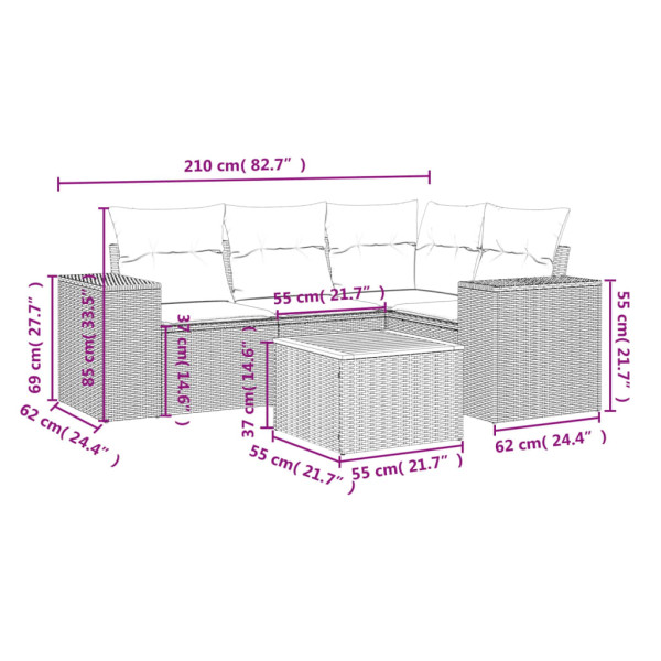 5 pcs conjunto sofás de jardim com almofadões vime PE preto M 3