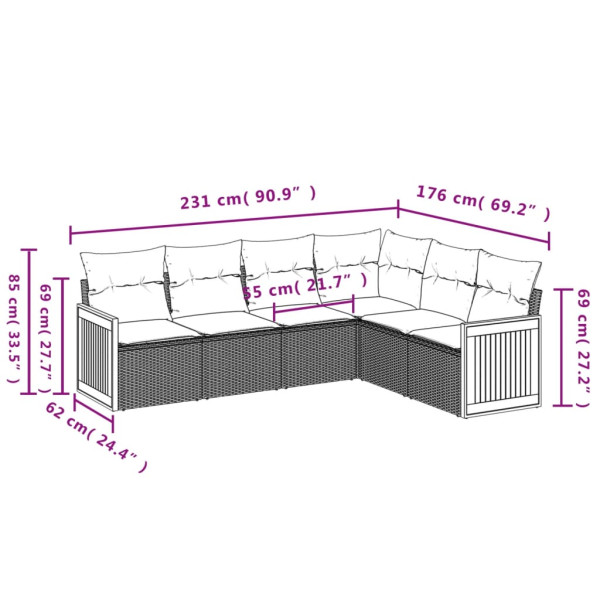 Set de muebles de jardín 6 pzas y cojines ratán sintético gris M 3