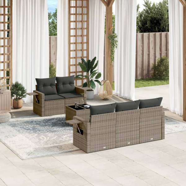 6 pcs conjunto sofás de jardim com almofadões vime cinzento D