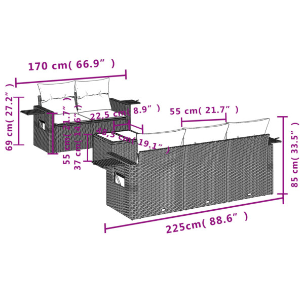 Set de muebles de jardín 6 pzas y cojines ratán sintético gris M 3