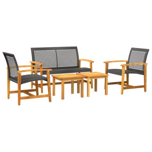 5 pcs conj. lounge para jardim vime PE e madeira acácia preto H