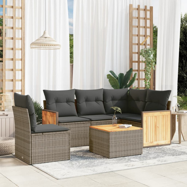 6 pcs conjunto sofás de jardim com almofadões vime cinzento D
