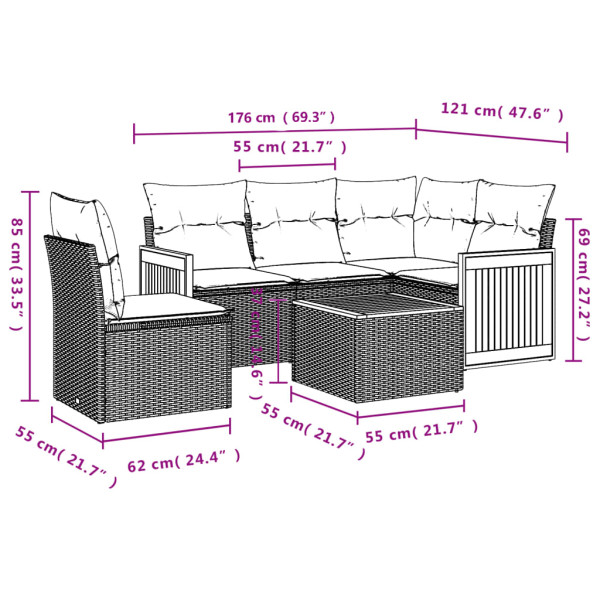 6 pcs conjunto sofás de jardim com almofadões vime cinzento M 3