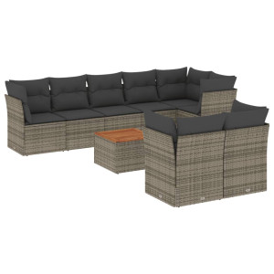 9 pcs conjunto sofás p/ jardim com almofadões vime PE cinzento H