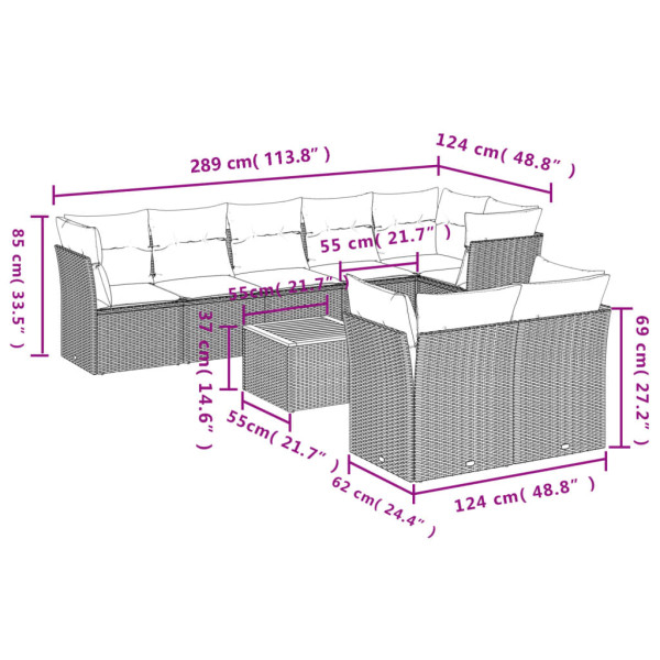 9 pcs conjunto sofás p/ jardim com almofadões vime PE cinzento M 3