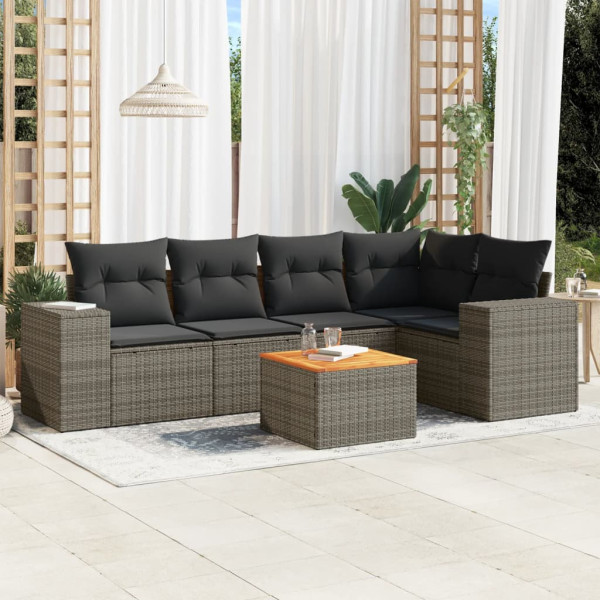 Set de muebles de jardín 6 pzas y cojines ratán sintético gris D