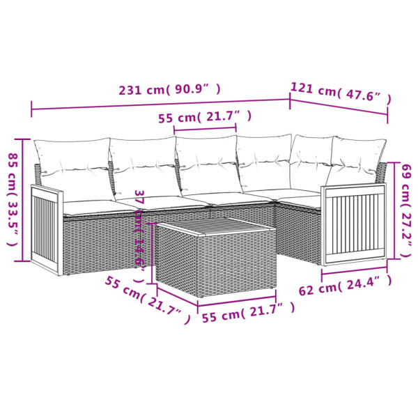 6 pcs conjunto sofás de jardim com almofadões vime cinzento M 3