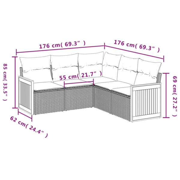5 pcs conjunto sofás de jardim com almofadões vime PE preto M 3