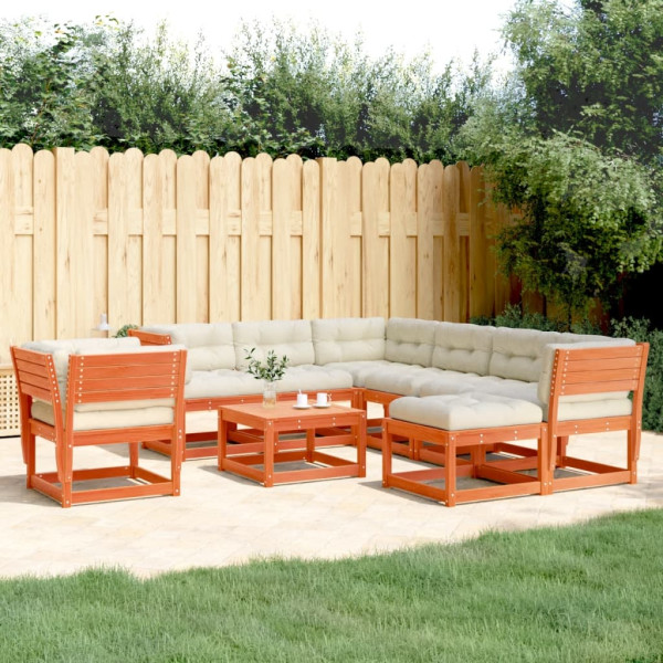 Set muebles jardín 8 pzas con cojines madera pino marrón cera D