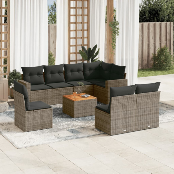 Set de muebles de jardín 9 pzas y cojines ratán sintético gris D