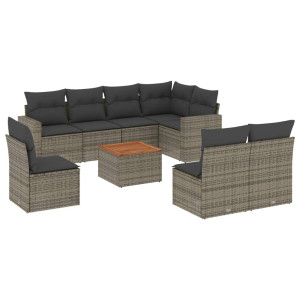 Set de muebles de jardín 9 pzas y cojines ratán sintético gris H