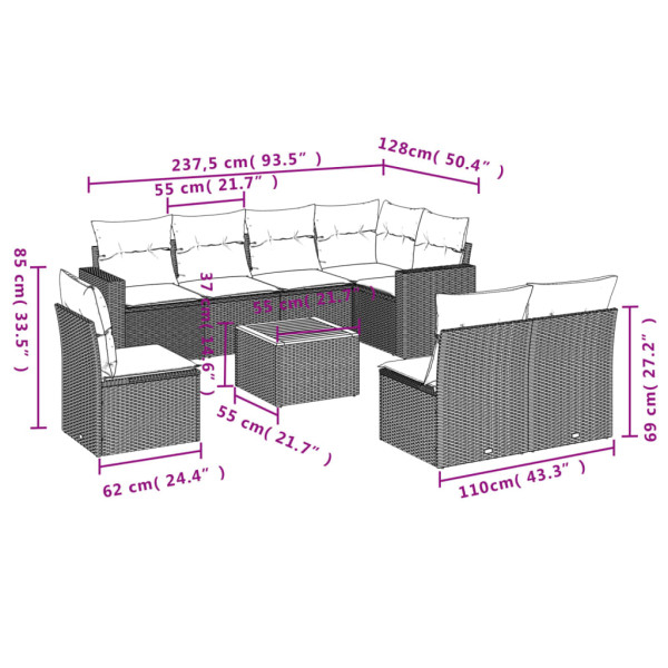 9 pcs conjunto sofás p/ jardim com almofadões vime PE cinzento M 3
