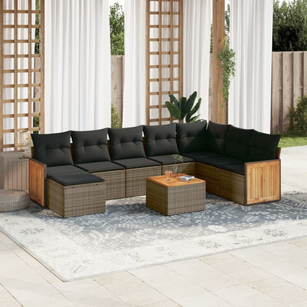 9 pcs conjunto sofás p/ jardim com almofadões vime PE cinzento D
