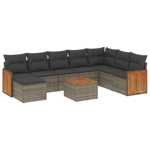 9 pcs conjunto sofás p/ jardim com almofadões vime PE cinzento H