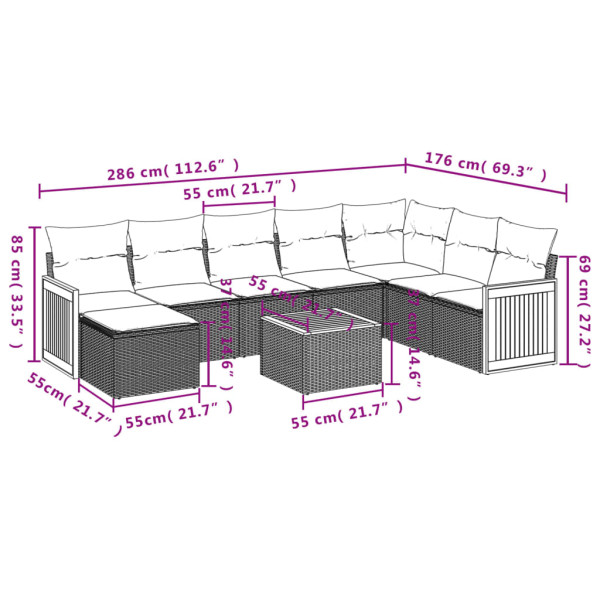 9 pcs conjunto sofás p/ jardim com almofadões vime PE cinzento M 3