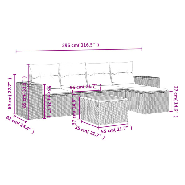 Set de muebles de jardín 6 pzas y cojines ratán sintético gris M 3
