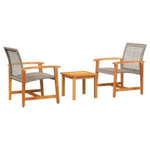 3 pcs conjunto de bistrô vime PE e madeira de acácia cinzento H