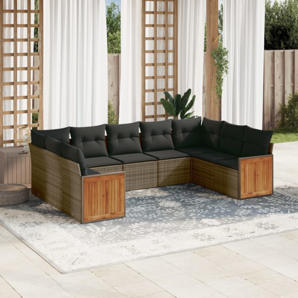 9 pcs conjunto sofás p/ jardim com almofadões vime PE cinzento D