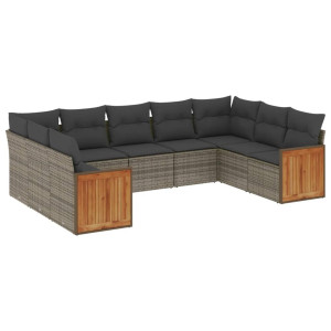 Set de muebles de jardín 9 pzas y cojines ratán sintético gris H