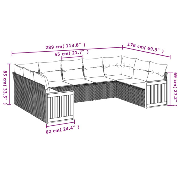 Set de muebles de jardín 9 pzas y cojines ratán sintético gris M 3
