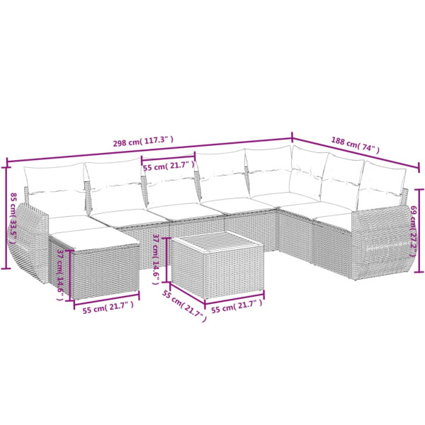 Set de muebles de jardín 9 pzas y cojines ratán sintético gris M 3