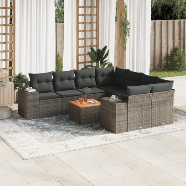 9 pcs conjunto sofás p/ jardim com almofadões vime PE cinzento D