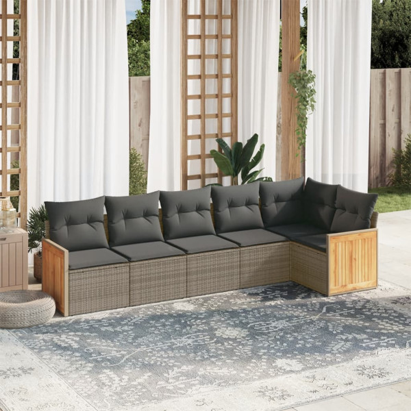6 pcs conjunto sofás de jardim com almofadões vime cinzento D