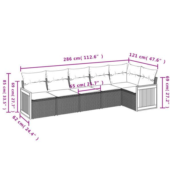 6 pcs conjunto sofás de jardim com almofadões vime cinzento M 3