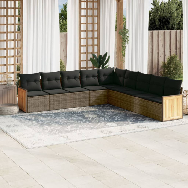 9 pcs conjunto sofás p/ jardim com almofadões vime PE cinzento D