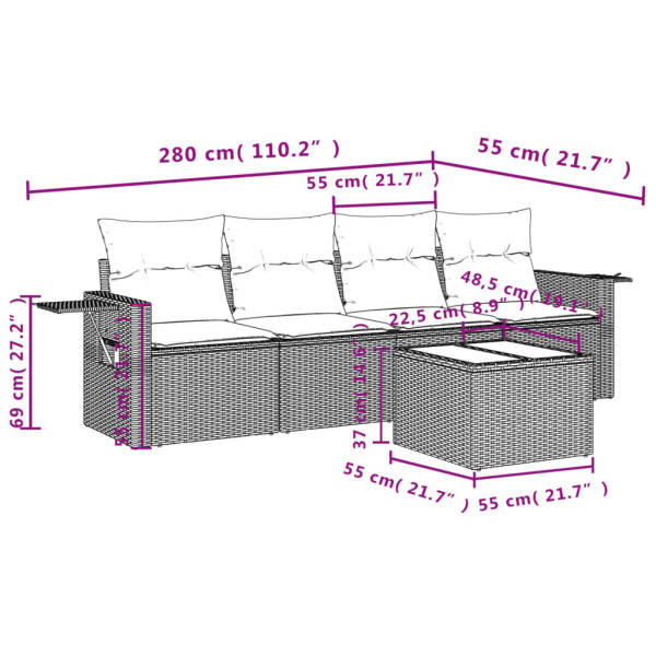 5 pcs conjunto sofás de jardim com almofadões vime PE preto M 3