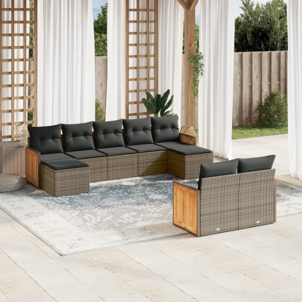 9 pcs conjunto sofás p/ jardim com almofadões vime PE cinzento D