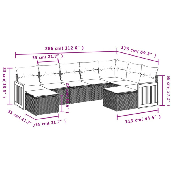9 pcs conjunto sofás p/ jardim com almofadões vime PE cinzento M 3