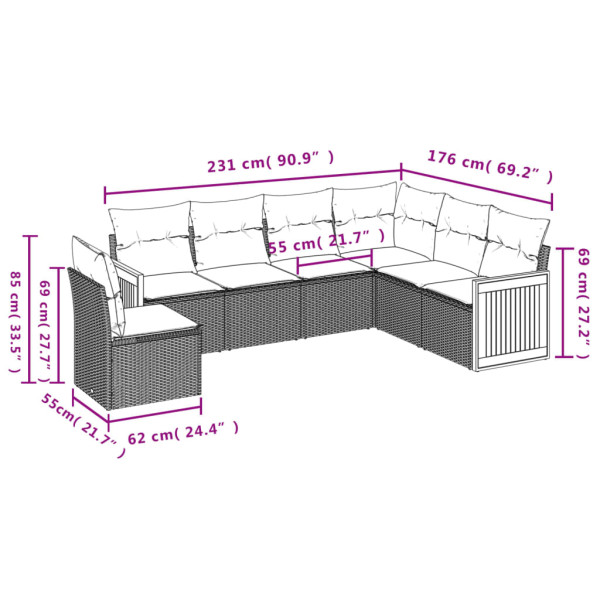 6 pcs conjunto sofás de jardim com almofadões vime cinzento M 3