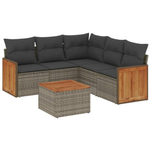 6 pcs conjunto sofás de jardim com almofadões vime cinzento H