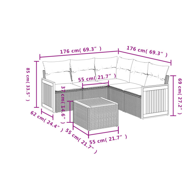 6 pcs conjunto sofás de jardim com almofadões vime cinzento M 3