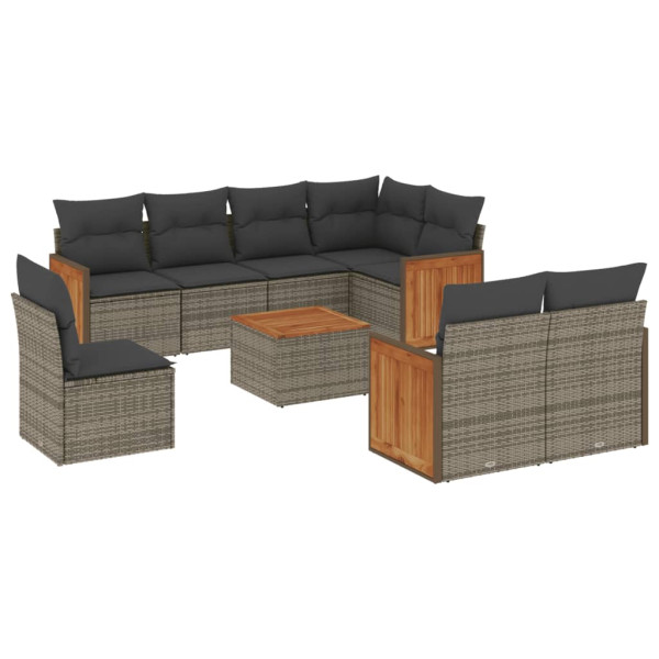 9 pcs conjunto sofás p/ jardim com almofadões vime PE cinzento M 2