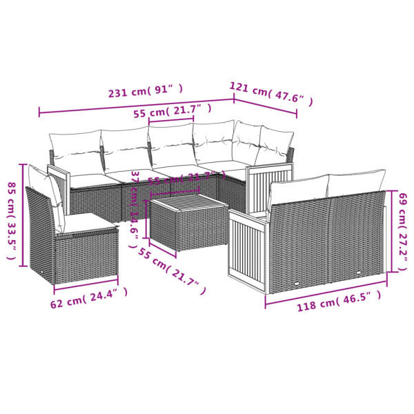 9 pcs conjunto sofás p/ jardim com almofadões vime PE cinzento M 3