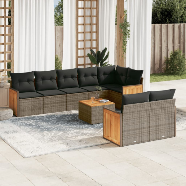 Set de muebles de jardín 9 pzas y cojines ratán sintético gris D