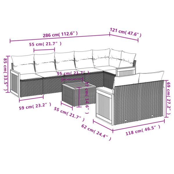 Set de muebles de jardín 9 pzas y cojines ratán sintético gris M 3