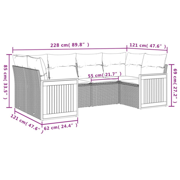 6 pcs conjunto sofás de jardim com almofadões vime cinzento M 3