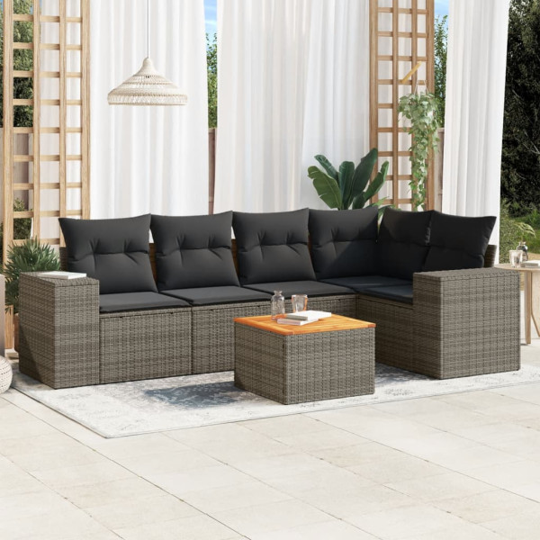6 pcs conjunto sofás de jardim com almofadões vime cinzento D