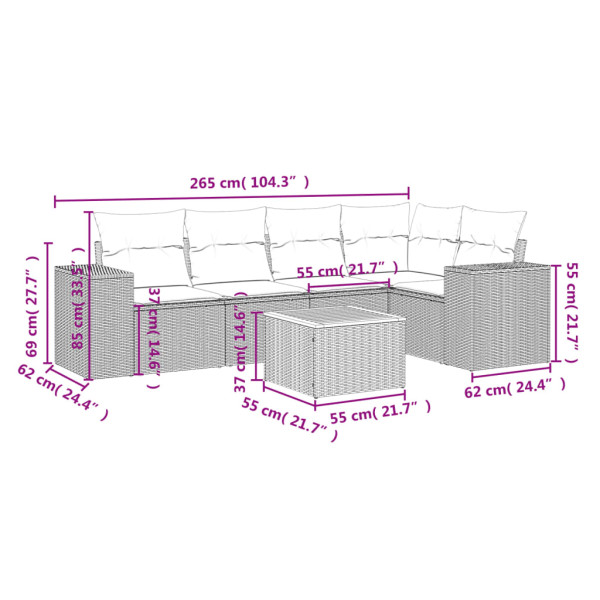 Set de muebles de jardín 6 pzas y cojines ratán sintético gris M 3