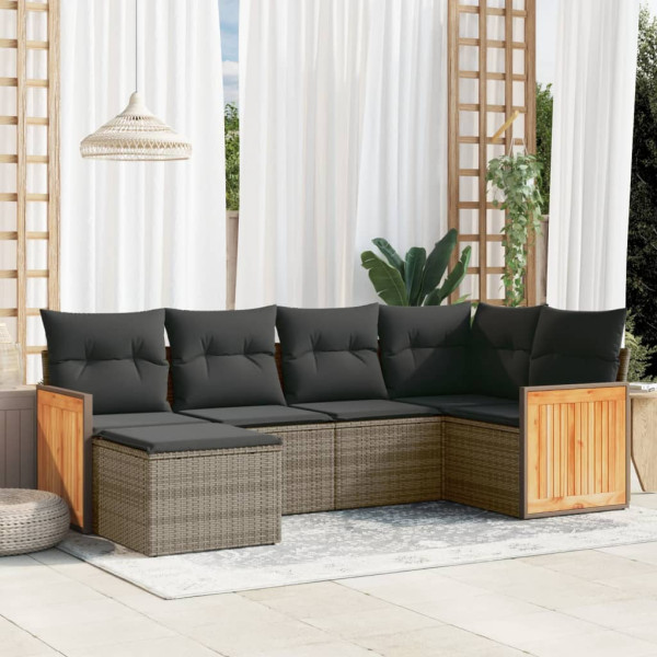 Set de muebles de jardín 6 pzas y cojines ratán sintético gris D