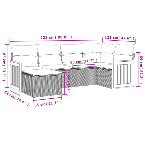6 pcs conjunto sofás de jardim com almofadões vime cinzento M 3