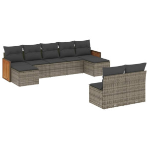 Set de muebles de jardín 9 pzas y cojines ratán sintético gris H